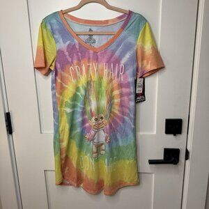 Good Luck Trolls Crazy Hair Don't Care Tie-Dye Long V T-Shirt PJ Juniors Size M